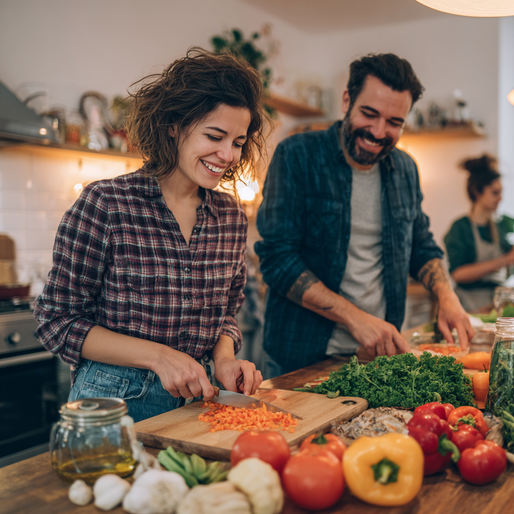 Romanian adults enjoying healthy meal preparation together, smiling while cooking nutritious food in a modern kitchen