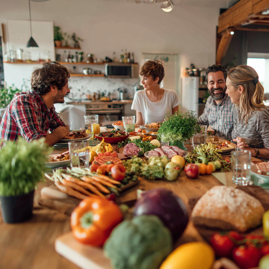 Happy Romanian adults discussing meal planning with nutritionist, reviewing healthy food options and recipes in consultation setting